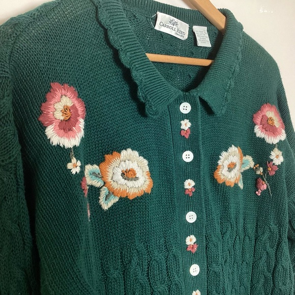 Carroll Reed Vtg Cable Knit Embroidered Cardigan L Floral Chunky Granny Cottage - Picture 3 of 13